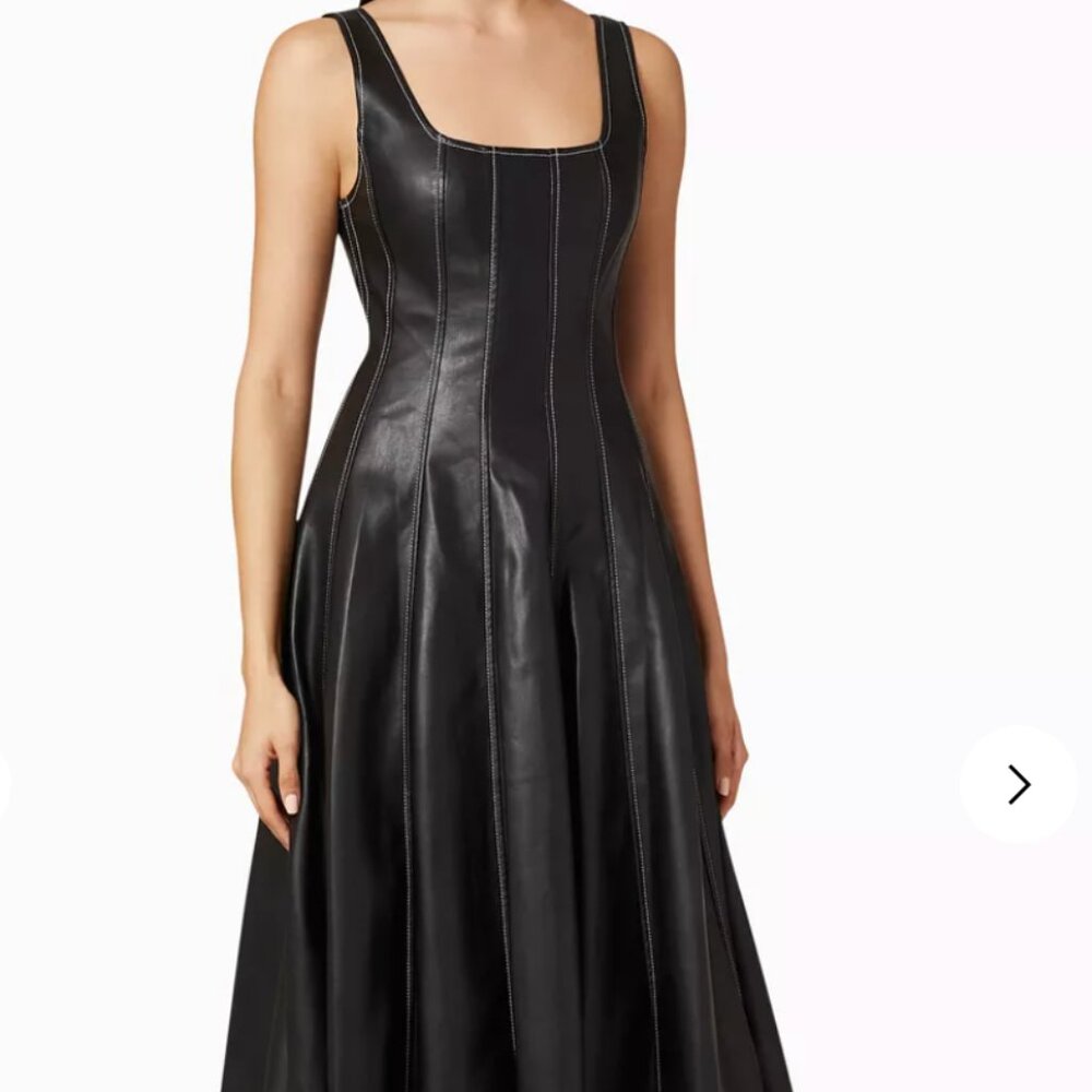 STAUD Wells Black Faux-Leather Midi Dress